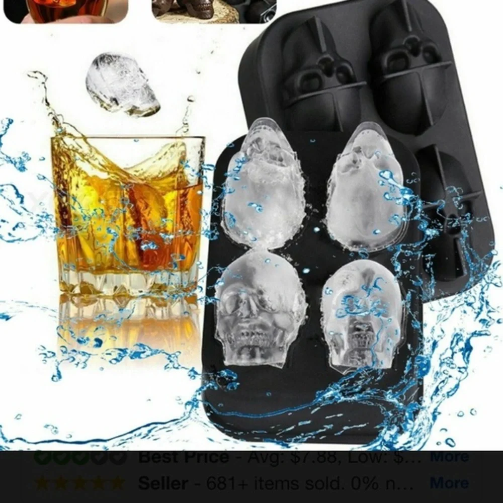 3D Black Skull‎ Ice Cube Tray or Mold Silicone